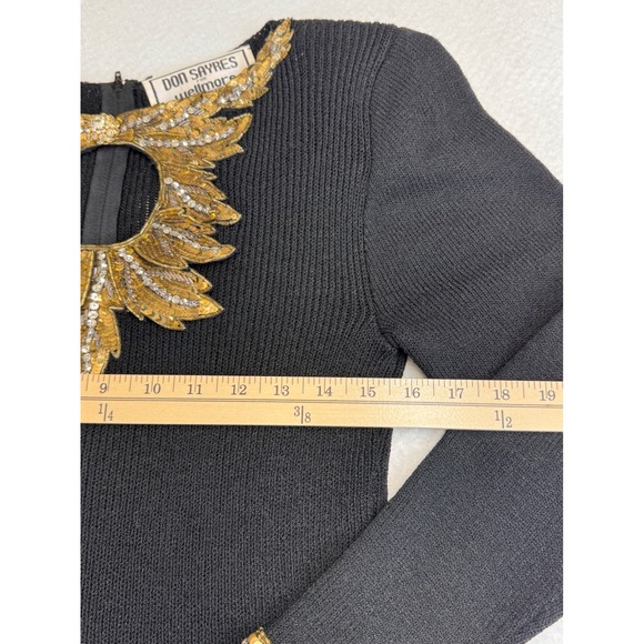 VTG 80 DON SAYRES Black Knit Beaded Statement Neckline Long Sleeve Midi Dress 6 - Picture 7 of 11